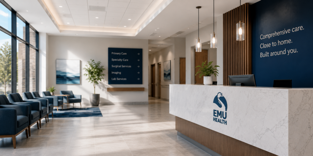 Modern medical reception area representing EMU Health