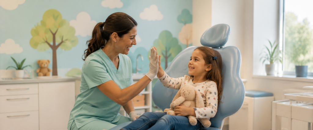 Pediatric dentist high-fiving smiling child in dental chair — Pediatric Dental Care at EMU Health